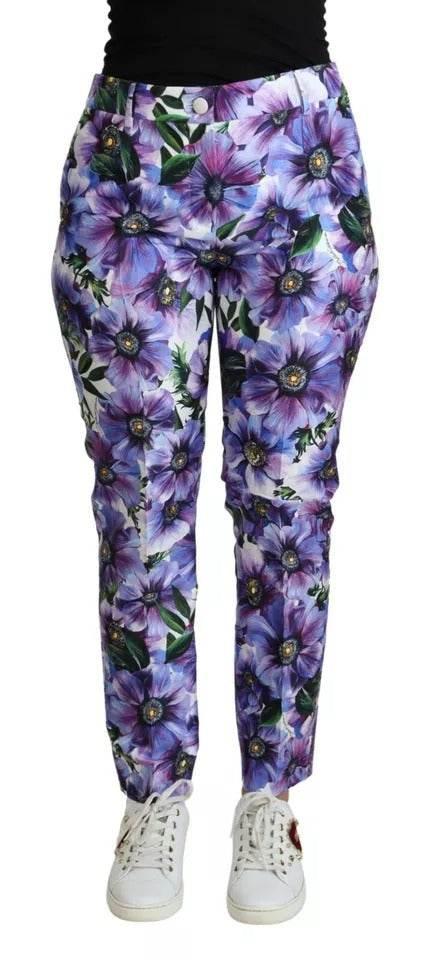 Dolce & Gabbana Purple Floral Print Tapered Cotton Pants - Hilstor