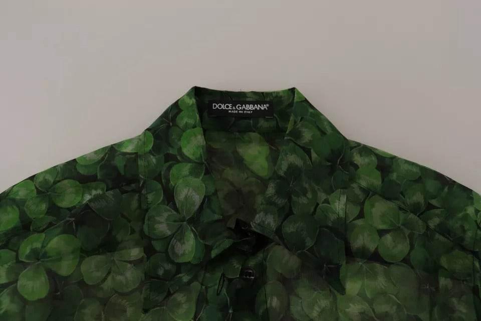 Dolce & Gabbana Green Clover Print Long Sleeves Collared Top Blouse - Hilstor