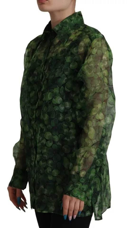 Dolce & Gabbana Green Clover Print Long Sleeves Collared Top Blouse - Hilstor