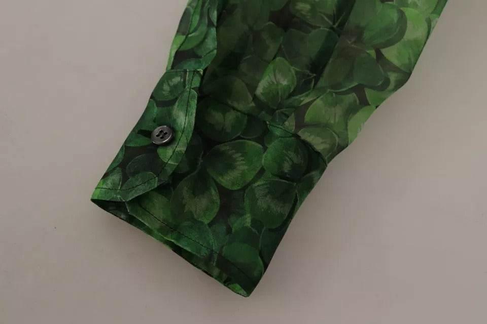 Dolce & Gabbana Green Clover Print Long Sleeves Collared Top Blouse - Hilstor