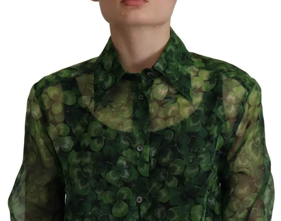 Dolce & Gabbana Green Clover Print Long Sleeves Collared Top Blouse - Hilstor