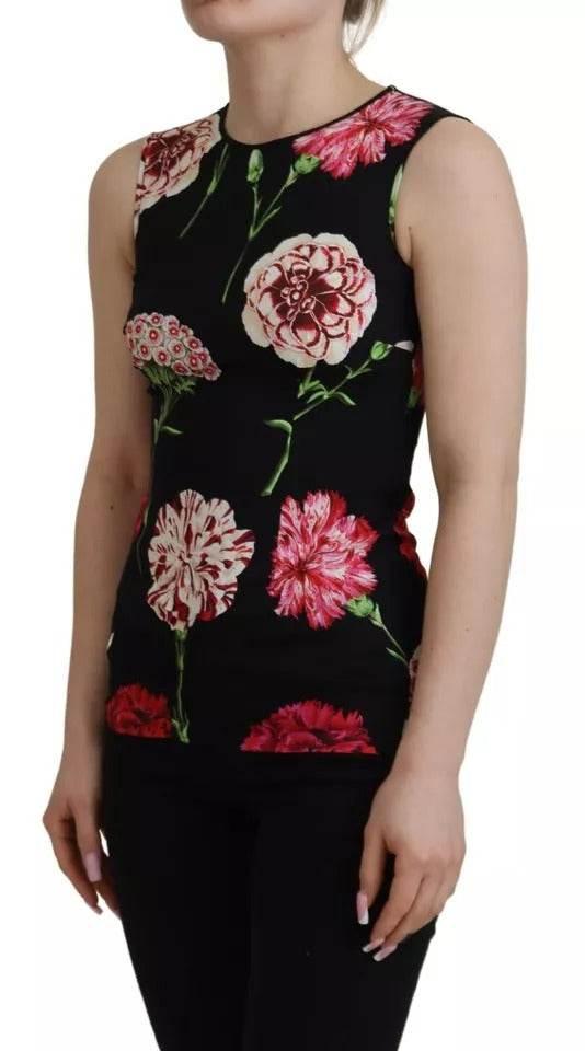Dolce & Gabbana Black Floral Sleeveless Tank Top Silk Blouse - Hilstor