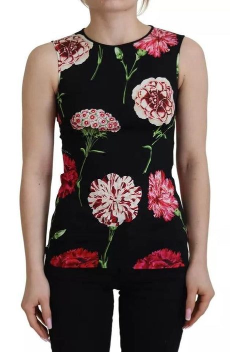 Dolce & Gabbana Black Floral Sleeveless Tank Top Silk Blouse - Hilstor