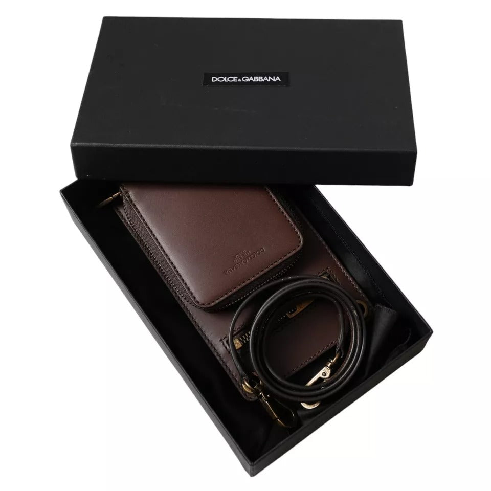 Dolce & Gabbana brunt kalveskind med lynlåslogo med skulderhalsrem pung