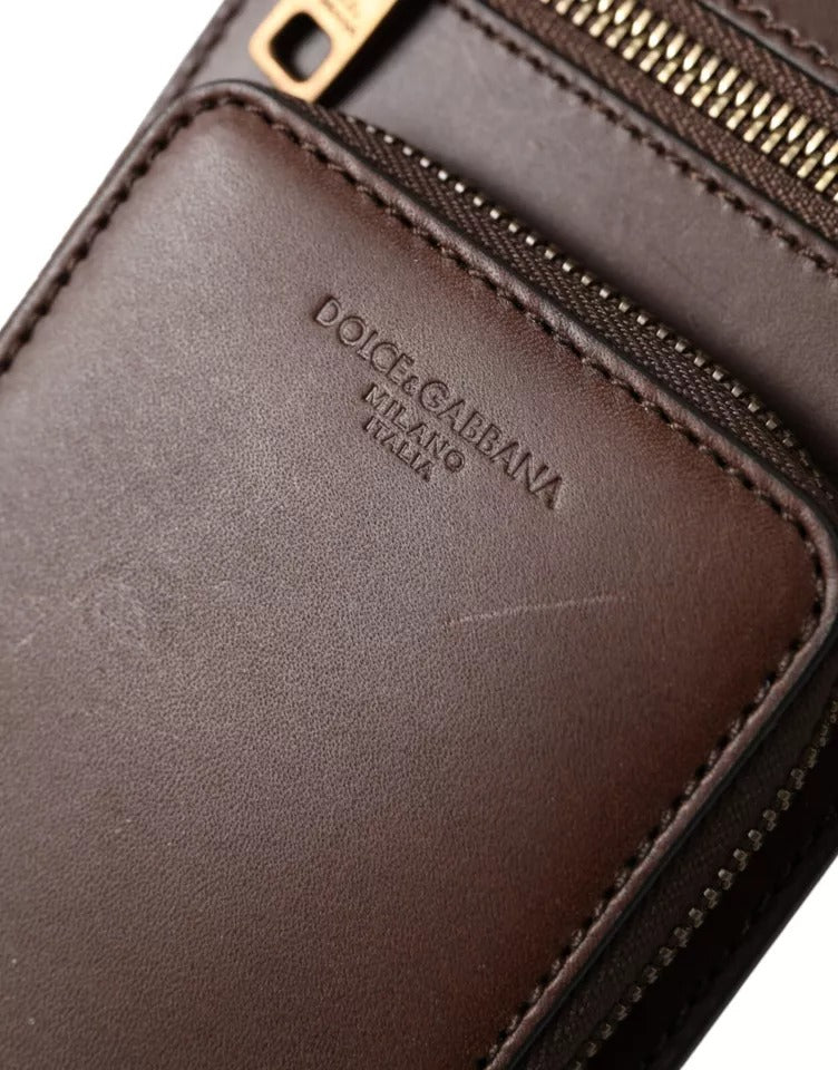 Dolce & Gabbana brunt kalveskind med lynlåslogo med skulderhalsrem pung