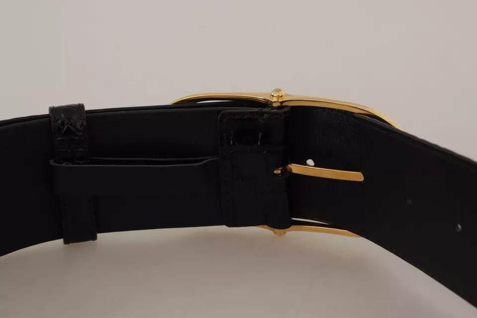 Dolce & Gabbana Black Wide Embossed Leather Gold Metal Buckle Belt - Hilstor