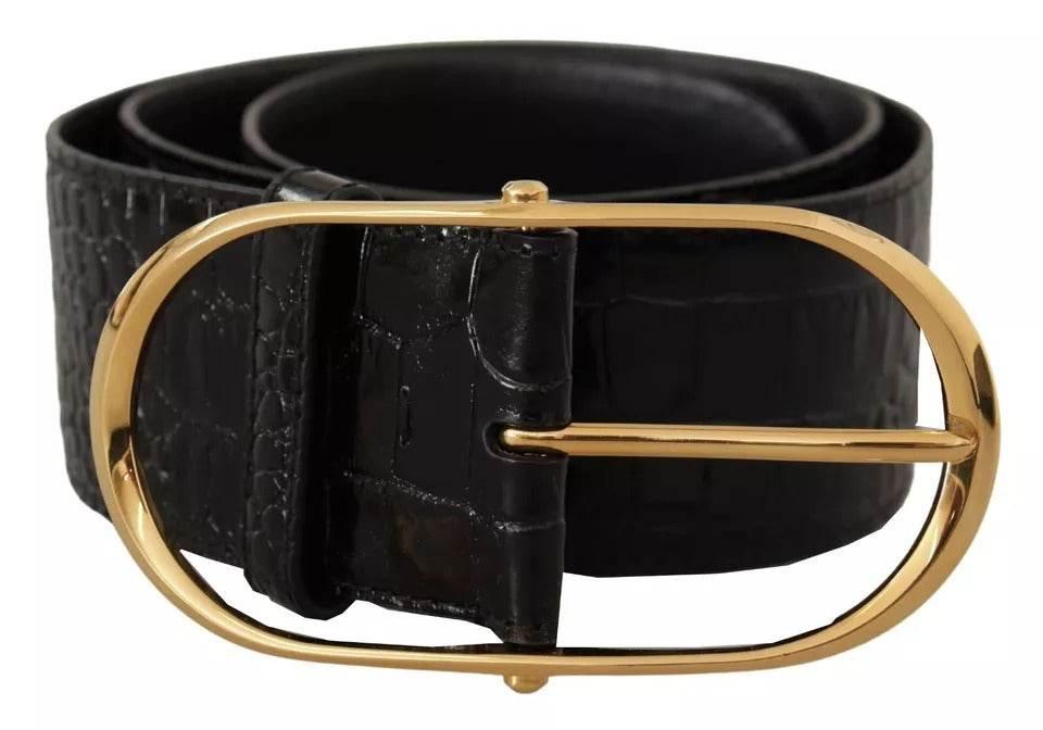 Dolce & Gabbana Black Wide Embossed Leather Gold Metal Buckle Belt - Hilstor