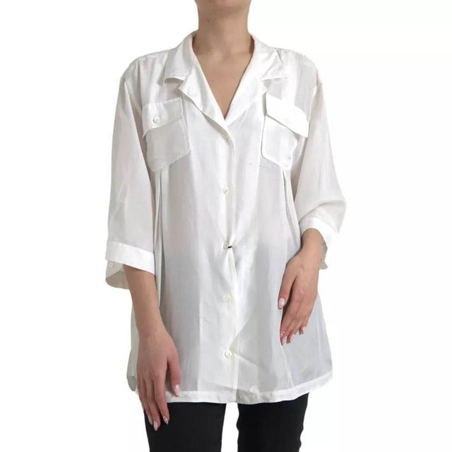 Dolce & Gabbana White Silk Collared 3/4 Sleeves Blouse Top - Hilstor