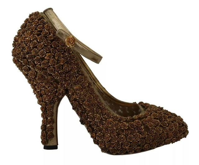 Dolce & Gabbana Gold Roses Embellished Heels Pumps Shoes - Hilstor