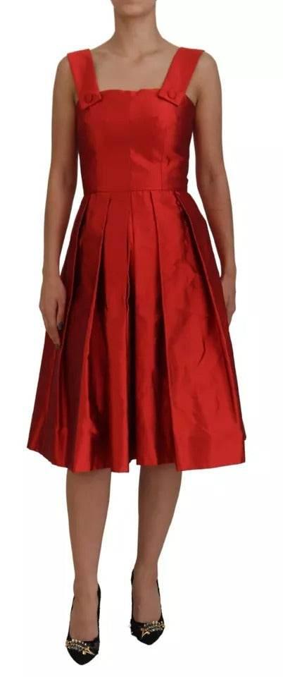 Dolce & Gabbana Red A-line Pleated Midi Satin Silk Dress - Hilstor