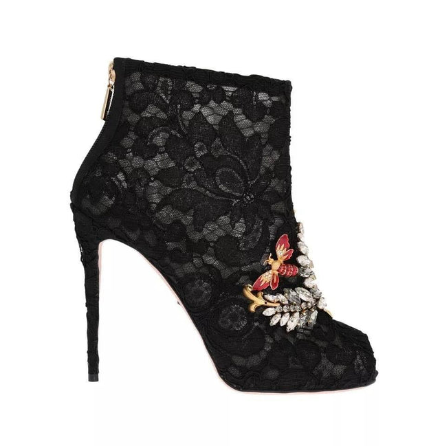 Dolce & Gabbana Black Crystal Lace Booties Stilettos Shoes - Hilstor