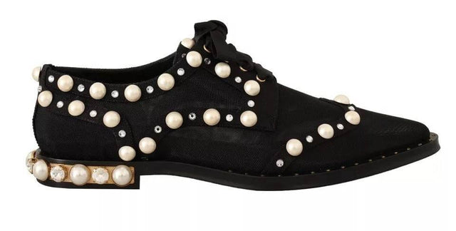 Dolce & Gabbana Black Lace Up Jewelled Formal Flats Shoes - Hilstor