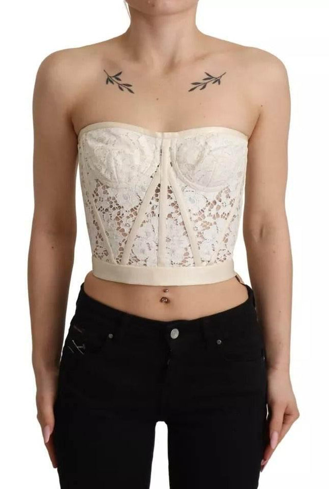 Dolce & Gabbana White Strapless Floral Lace Cropped Bustier Top - Hilstor
