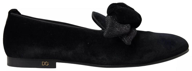 Dolce & Gabbana Black Velvet Flats Bow Young Queen Shoes - Hilstor
