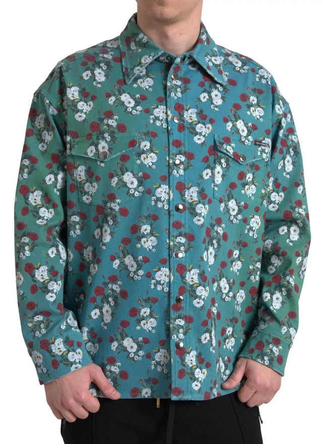 Dolce & Gabbana Blue Floral Cotton Button Down Denim Shirt - Hilstor