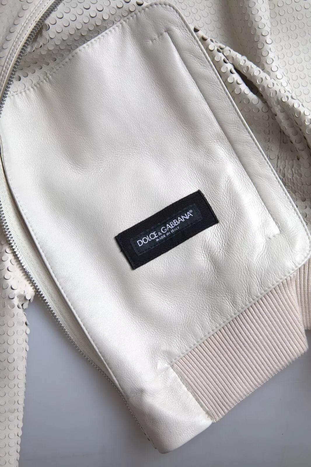 Dolce & Gabbana Off White LeatherPerforated Full Zip Jacket - Hilstor