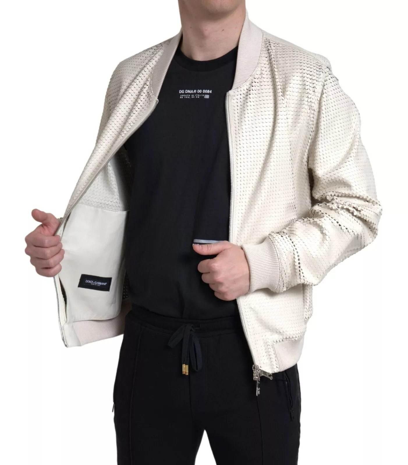 Dolce & Gabbana Off White LeatherPerforated Full Zip Jacket - Hilstor