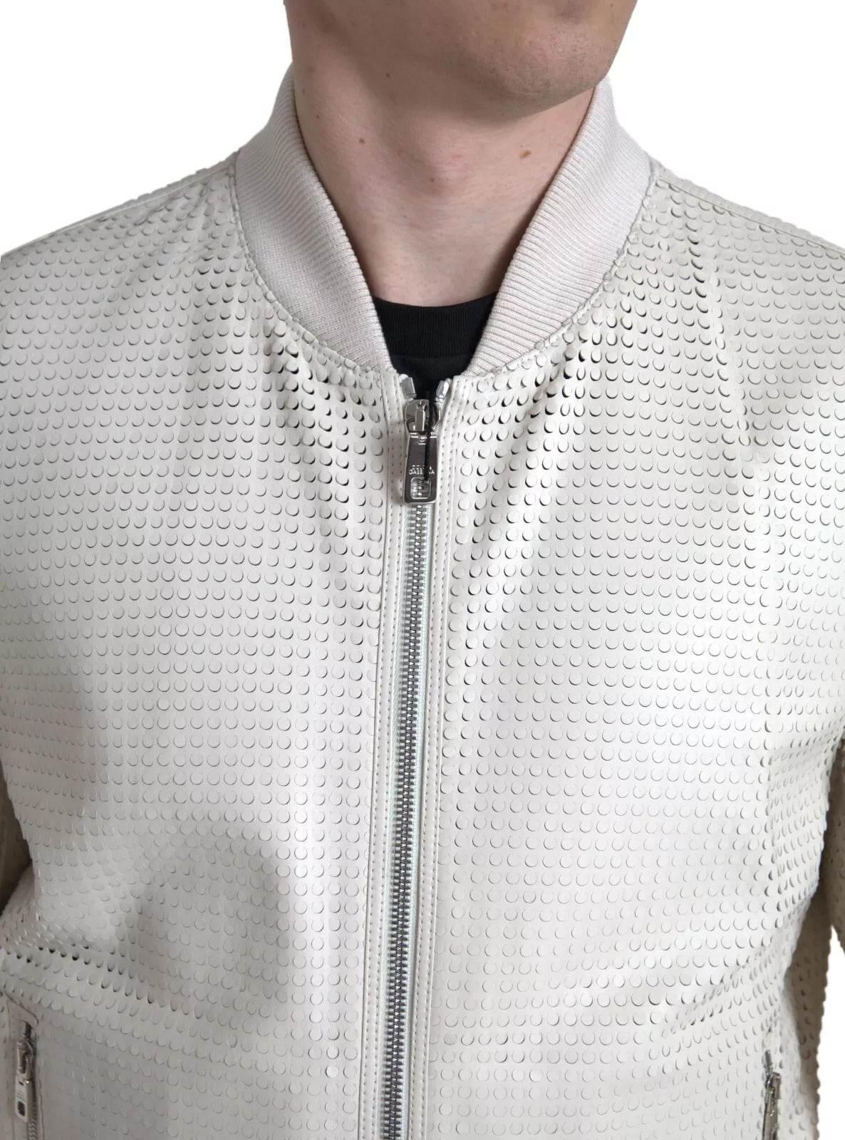 Dolce & Gabbana Off White LeatherPerforated Full Zip Jacket - Hilstor