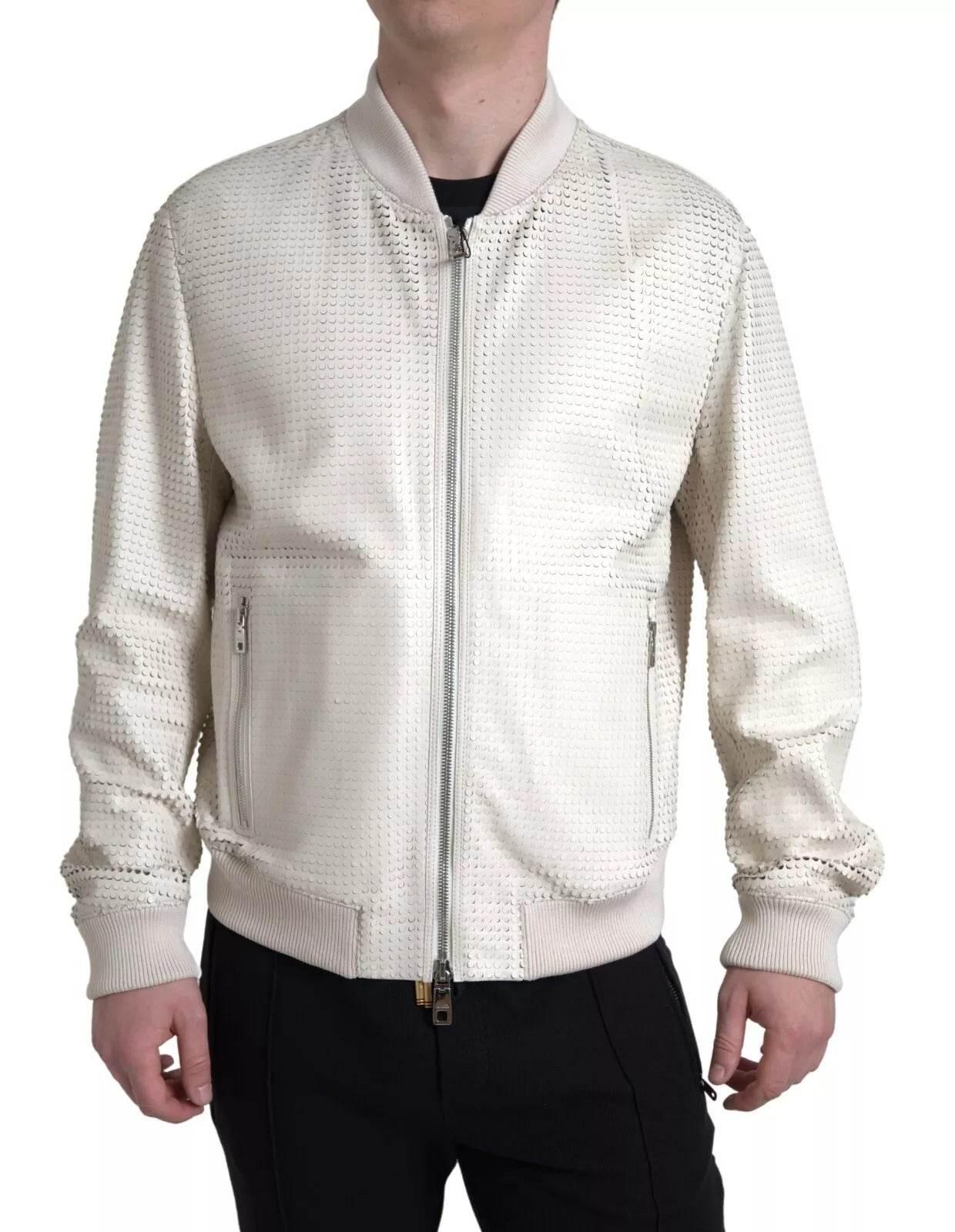 Dolce & Gabbana Off White LeatherPerforated Full Zip Jacket - Hilstor