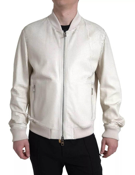 Dolce & Gabbana Off White LeatherPerforated Full Zip Jacket - Hilstor