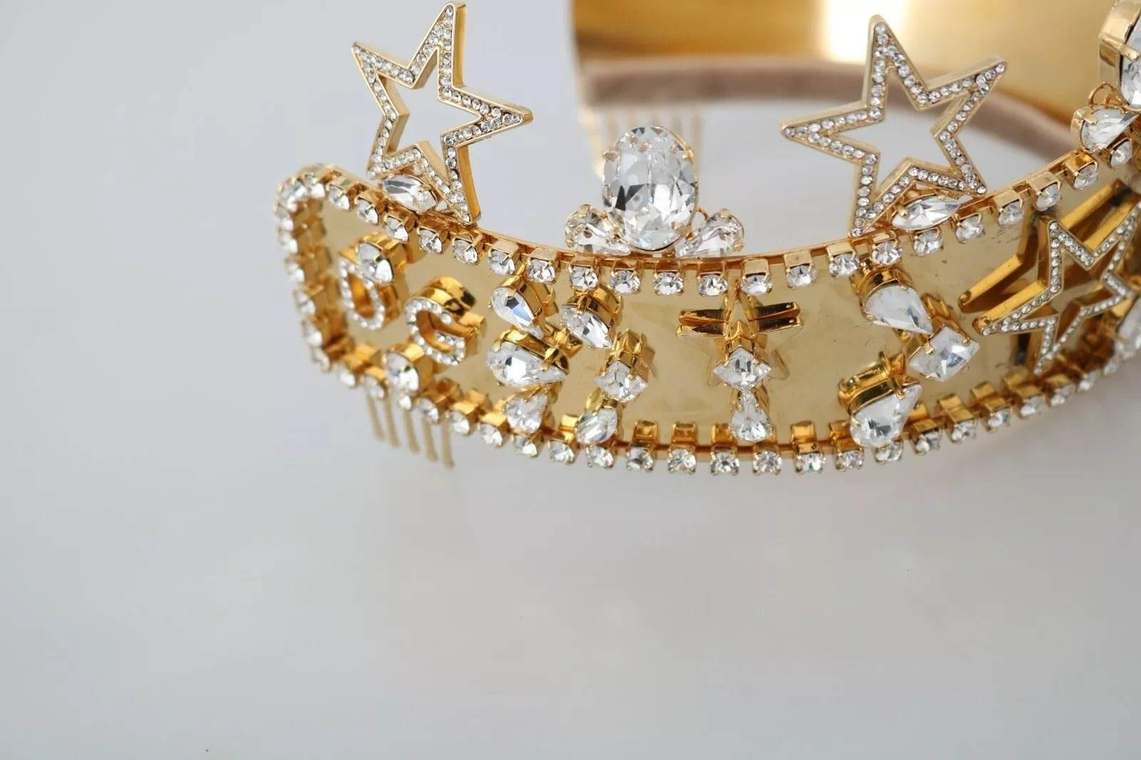 Dolce & Gabbana Gold Crystal Star STRASS Crown Logo Tiara Diadem - Hilstor