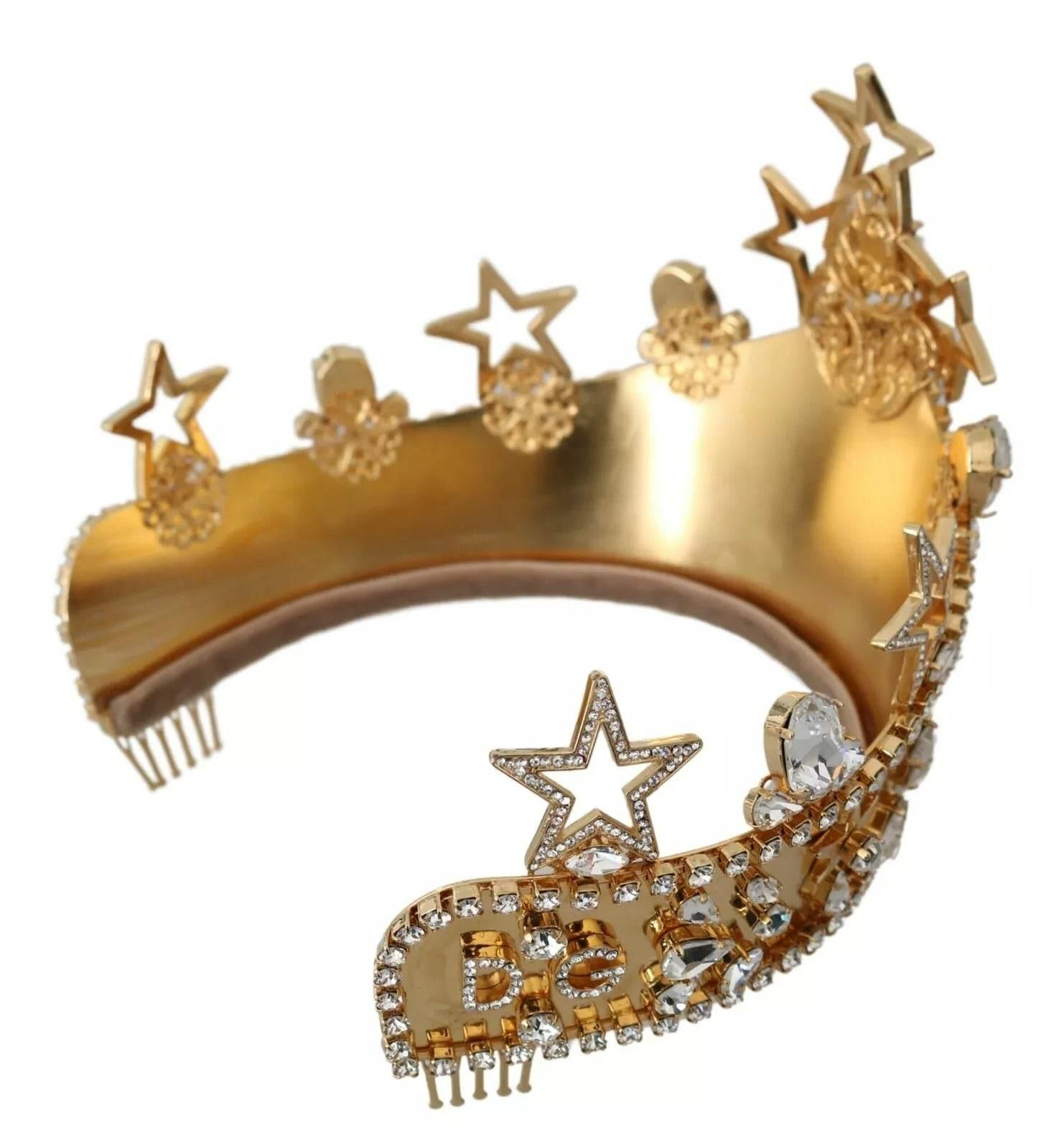 Dolce & Gabbana Gold Crystal Star STRASS Crown Logo Tiara Diadem - Hilstor