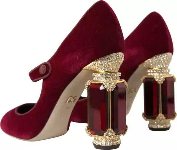 Dolce & Gabbana Red Velvet Gold Crystals Heels Mary Janes Shoes - Hilstor