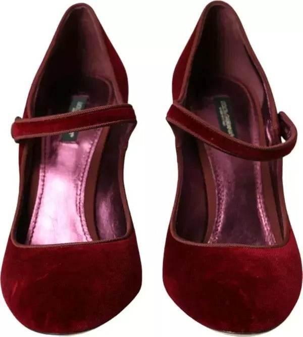 Dolce & Gabbana Red Velvet Gold Crystals Heels Mary Janes Shoes - Hilstor