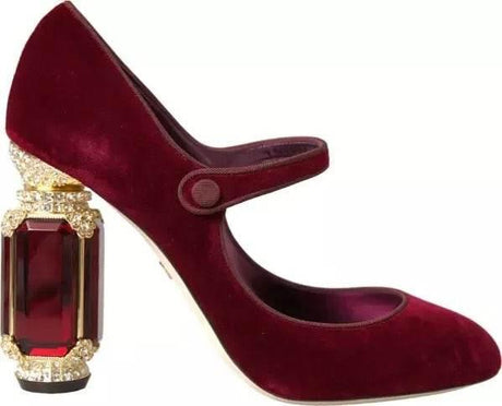 Dolce & Gabbana Red Velvet Gold Crystals Heels Mary Janes Shoes - Hilstor