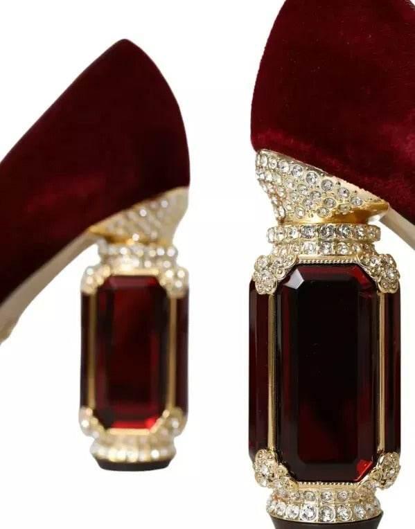 Dolce & Gabbana Red Velvet Gold Crystals Heels Mary Janes Shoes - Hilstor