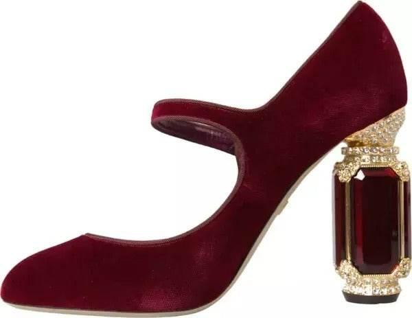 Dolce & Gabbana Red Velvet Gold Crystals Heels Mary Janes Shoes - Hilstor