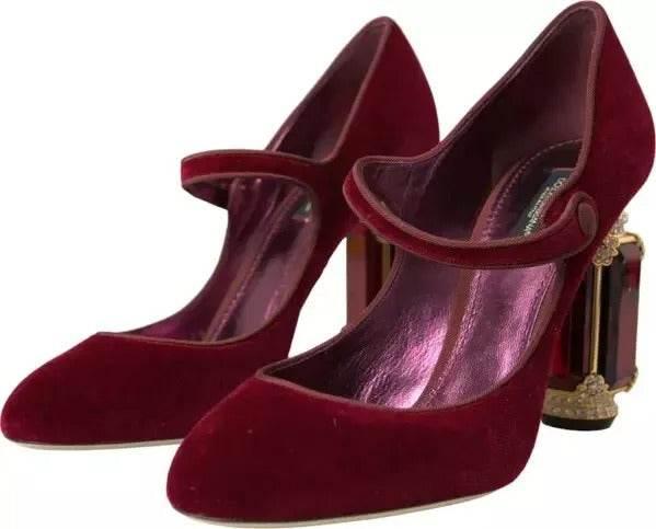 Dolce & Gabbana Red Velvet Gold Crystals Heels Mary Janes Shoes - Hilstor