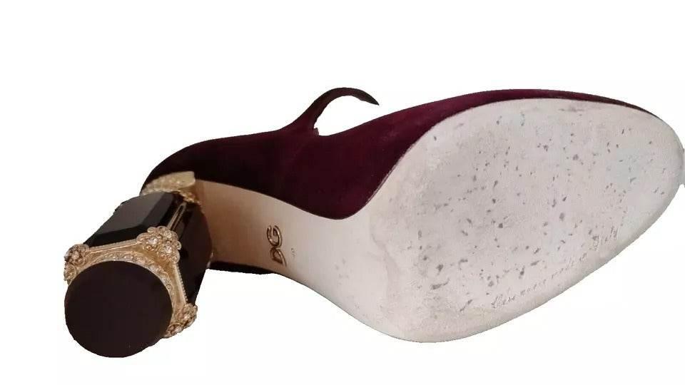 Dolce & Gabbana Red Velvet Gold Crystals Heels Mary Janes Shoes - Hilstor