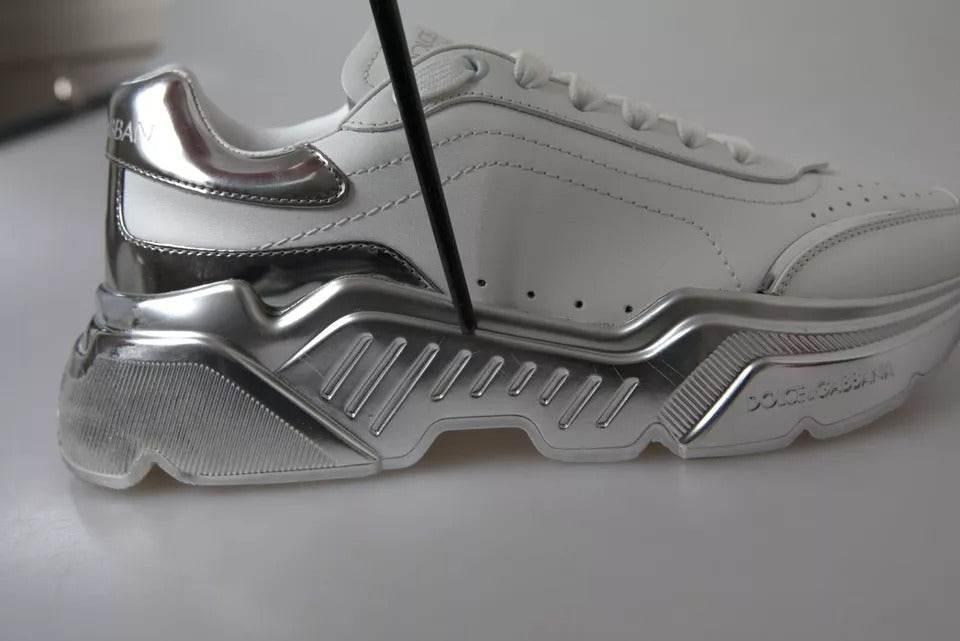 Dolce & Gabbana White Silver Daymaster Leather Sneakers Shoes - Hilstor