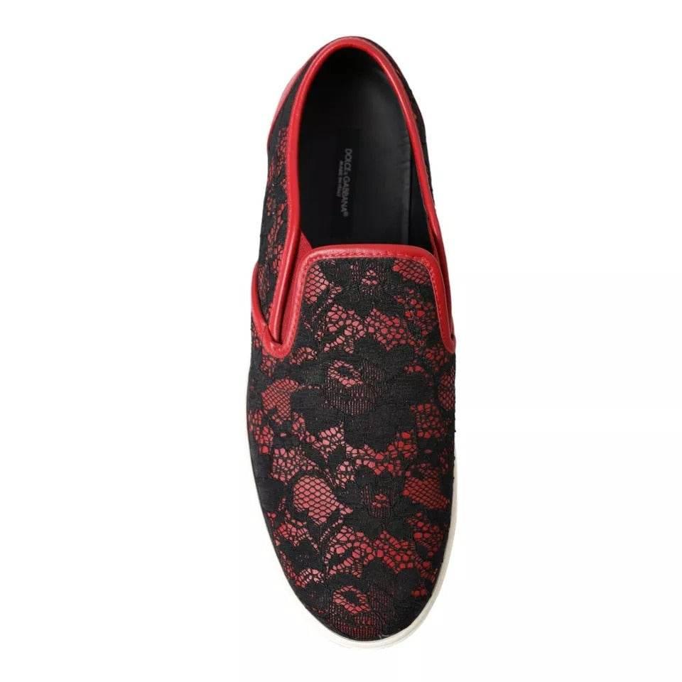 Dolce & Gabbana Black Red Lace Slip On Low Top Sneakers Shoes - Hilstor