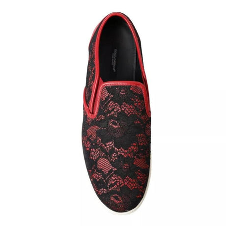 Dolce & Gabbana Black Red Lace Slip On Low Top Sneakers Shoes - Hilstor