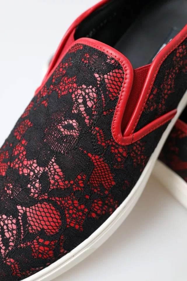 Dolce & Gabbana Black Red Lace Slip On Low Top Sneakers Shoes - Hilstor