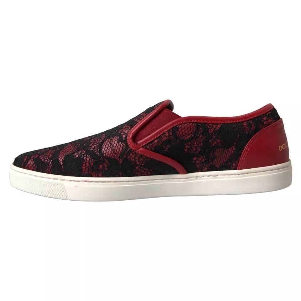 Dolce & Gabbana Black Red Lace Slip On Low Top Sneakers Shoes - Hilstor