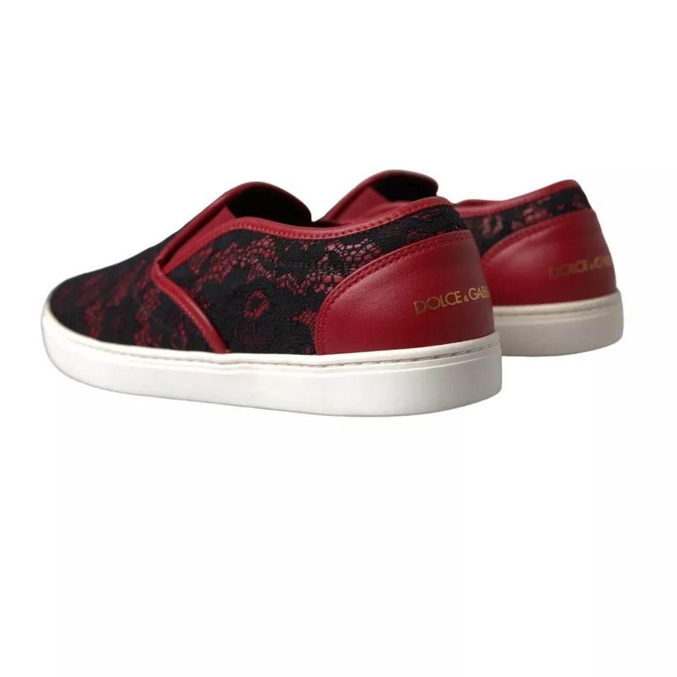 Dolce & Gabbana Black Red Lace Slip On Low Top Sneakers Shoes - Hilstor