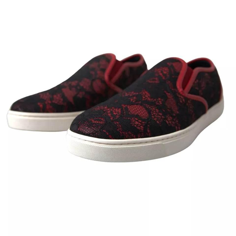 Dolce & Gabbana Black Red Lace Slip On Low Top Sneakers Shoes - Hilstor