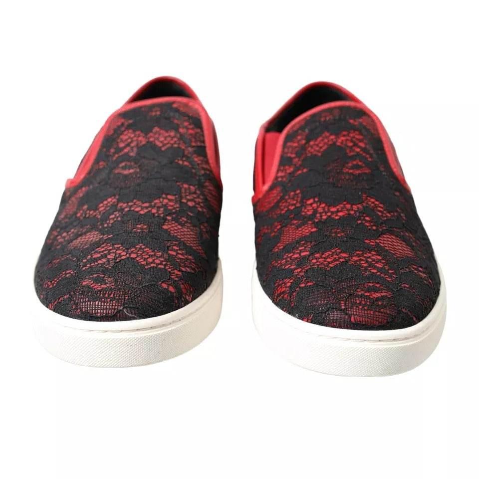 Dolce & Gabbana Black Red Lace Slip On Low Top Sneakers Shoes - Hilstor