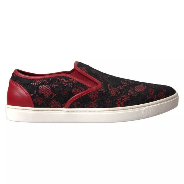 Dolce & Gabbana Black Red Lace Slip On Low Top Sneakers Shoes - Hilstor