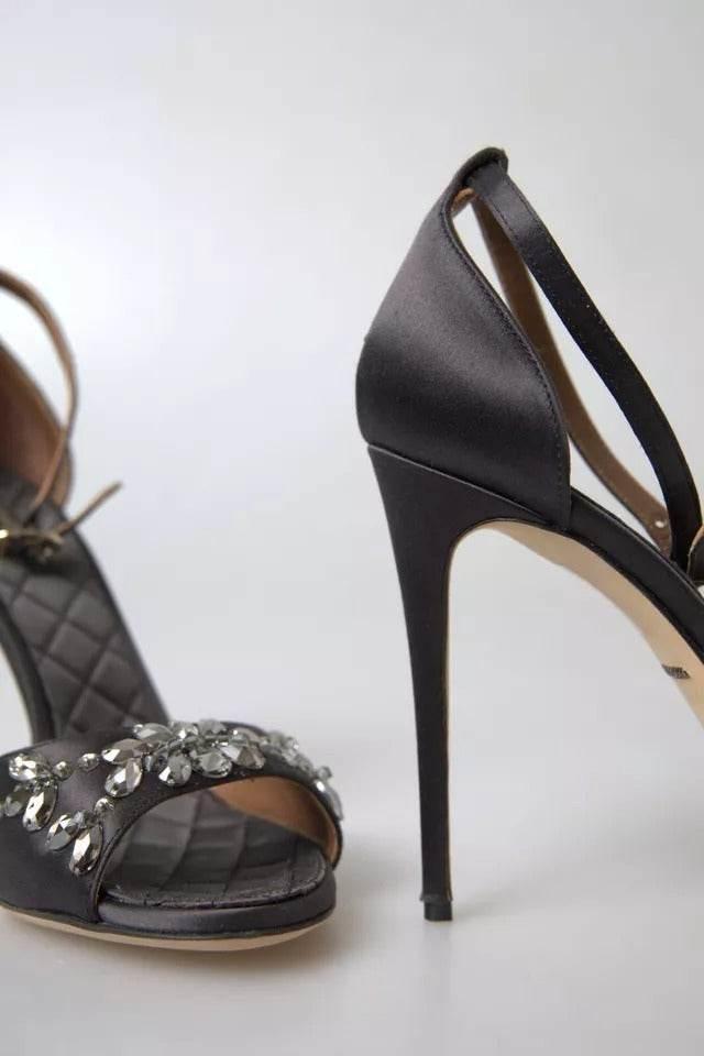 Dolce & Gabbana Gray Satin Ankle Strap Crystal Sandals Shoes - Hilstor