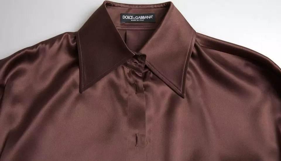 Dolce & Gabbana Brown Silk Collared Long Sleeves Top Blouse - Hilstor