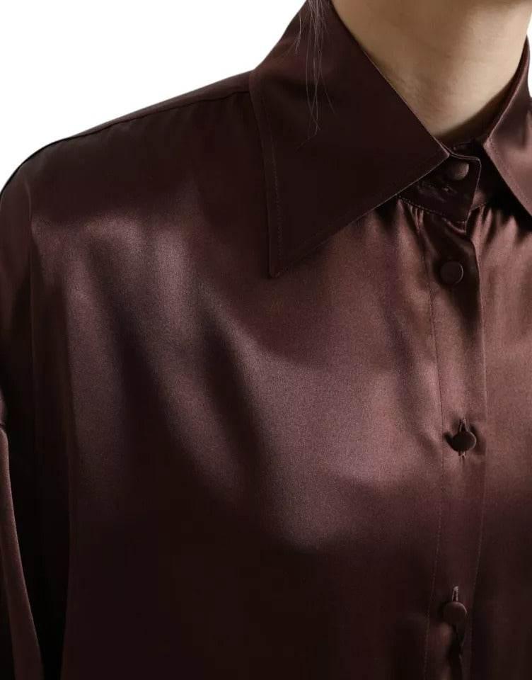 Dolce & Gabbana Brown Silk Collared Long Sleeves Top Blouse - Hilstor