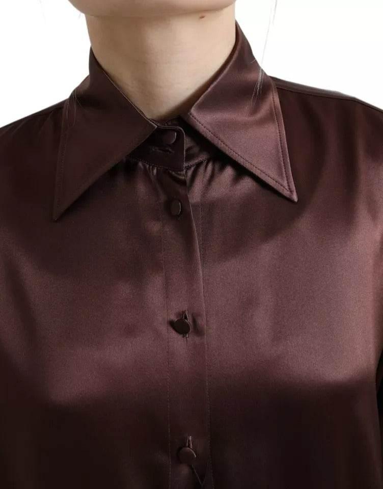 Dolce & Gabbana Brown Silk Collared Long Sleeves Top Blouse - Hilstor