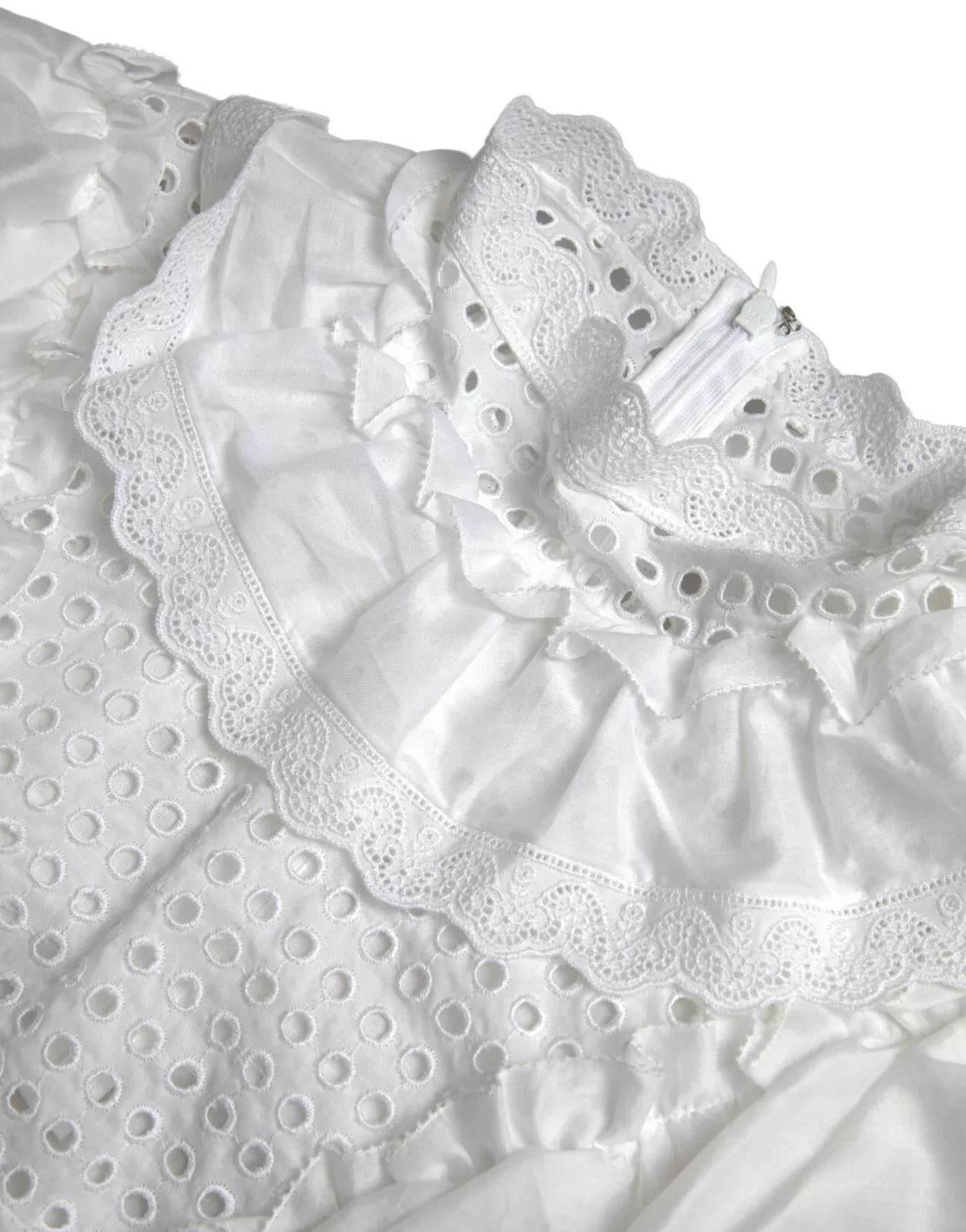 Dolce & Gabbana White Cotton Lace Trim Turtle Neck Blouse - Hilstor