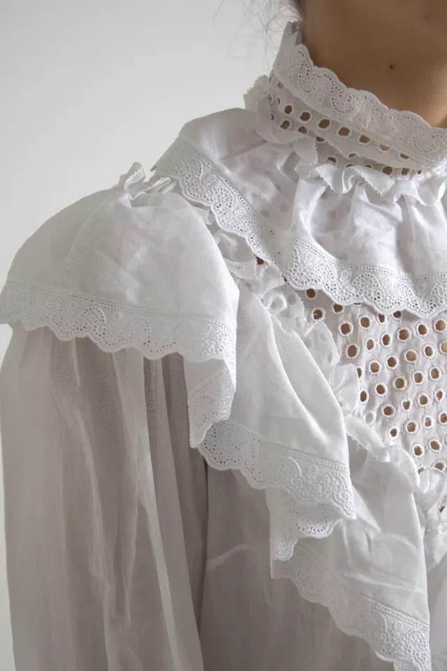 Dolce & Gabbana White Cotton Lace Trim Turtle Neck Blouse - Hilstor