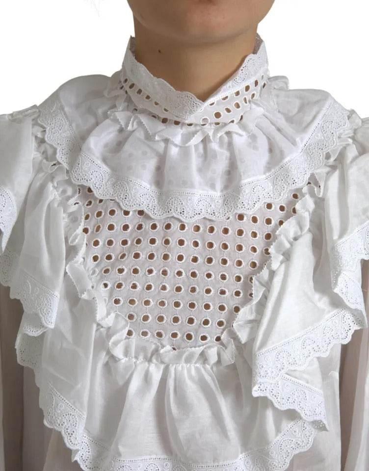 Dolce & Gabbana White Cotton Lace Trim Turtle Neck Blouse - Hilstor