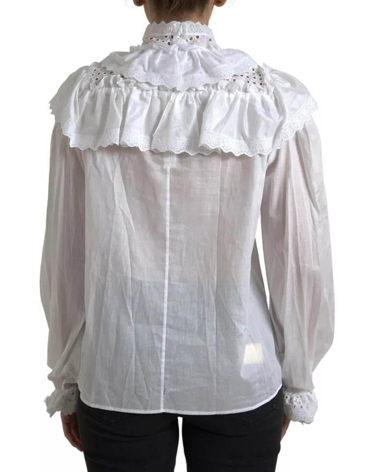 Dolce & Gabbana White Cotton Lace Trim Turtle Neck Blouse - Hilstor